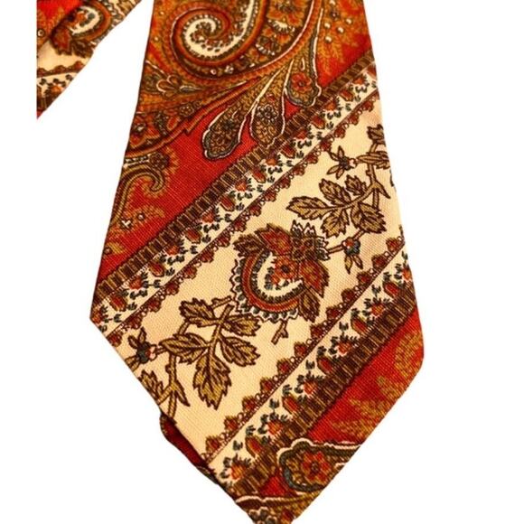 Vintage 60s 70s Paisley Floral Diagonal Stripe Wide Neck Tie Red Cream Orange - Picture 2 of 6